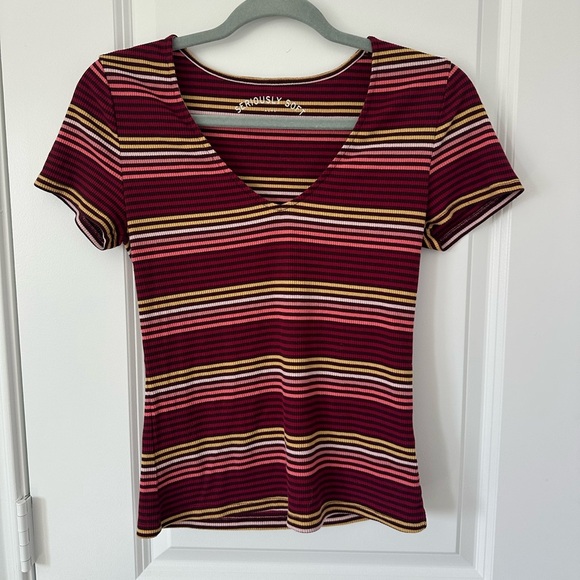 Aeropostale Seriously Soft Striped V-Neck Bodycon Top - Picture 2 of 4